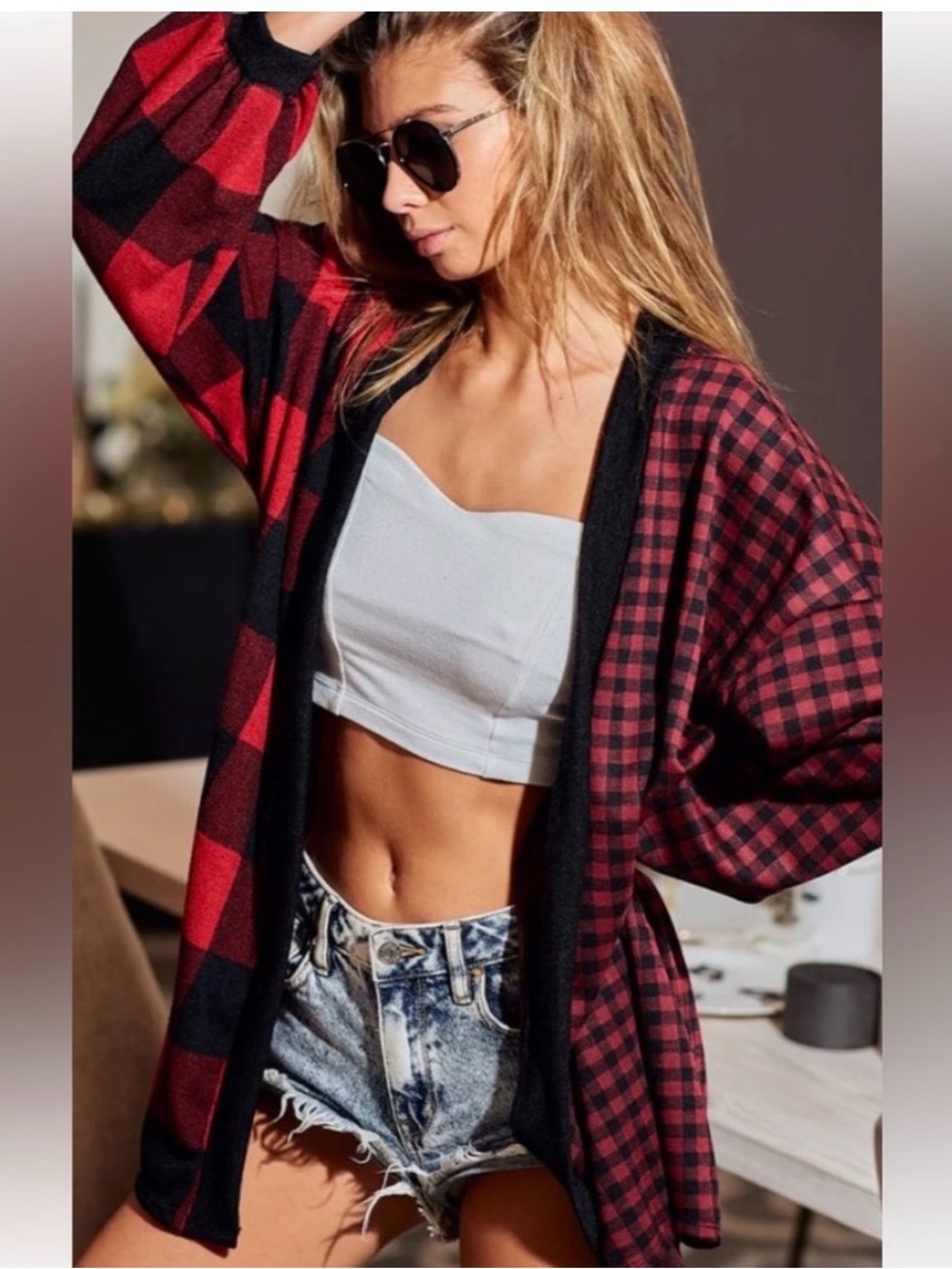 BiBi Red and Black Plaid Open-Front Cardigan